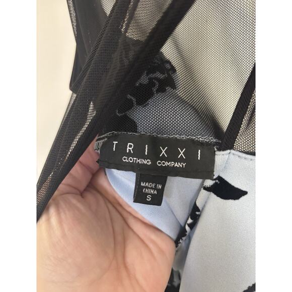 Trixxi Baby Blue Velvet Rose Mini Dress Size Small Rockabilly Sheer Whimsigoth - Picture 3 of 7